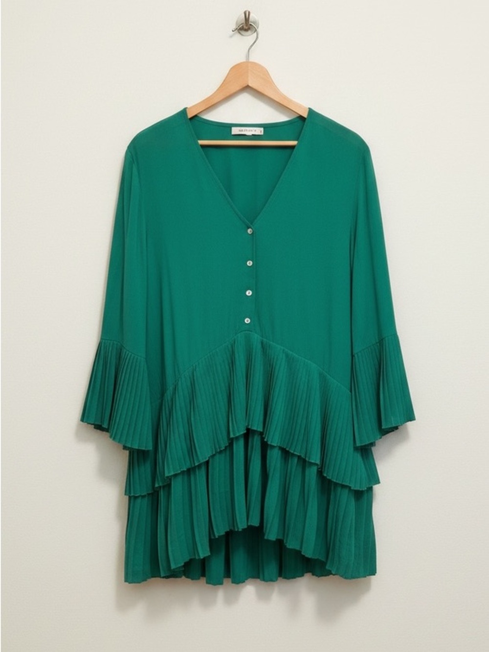 Zara Jade Green Pleated Tiered Blouse Shirt Dress - Size S